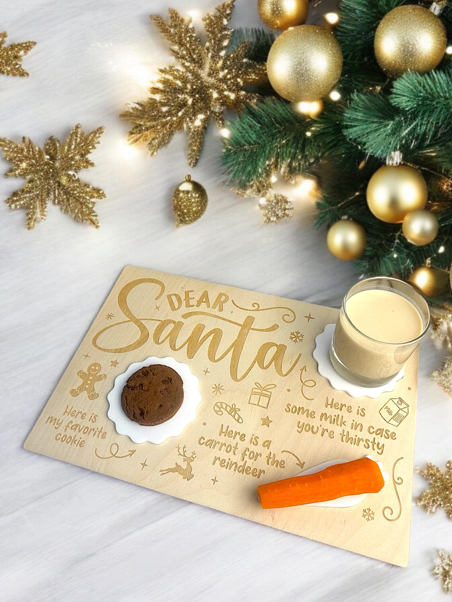 Personalised engraved wooden tray for cookies, milk, and carrots, Christmas theme