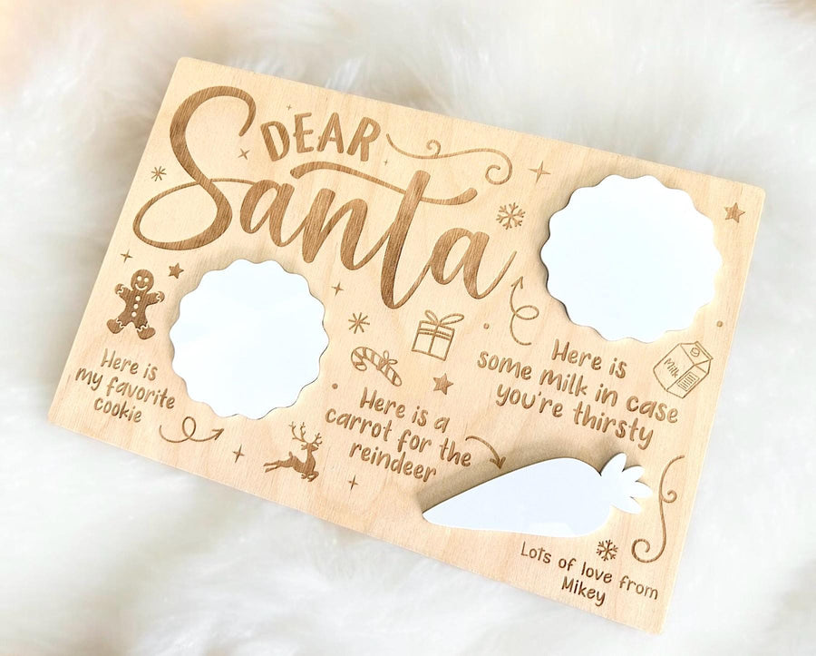 Personalised engraved wooden tray for cookies and milk, Christmas design