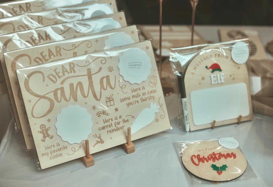 Personalised engraved wooden tray for Santa treats, festive design, holiday gift