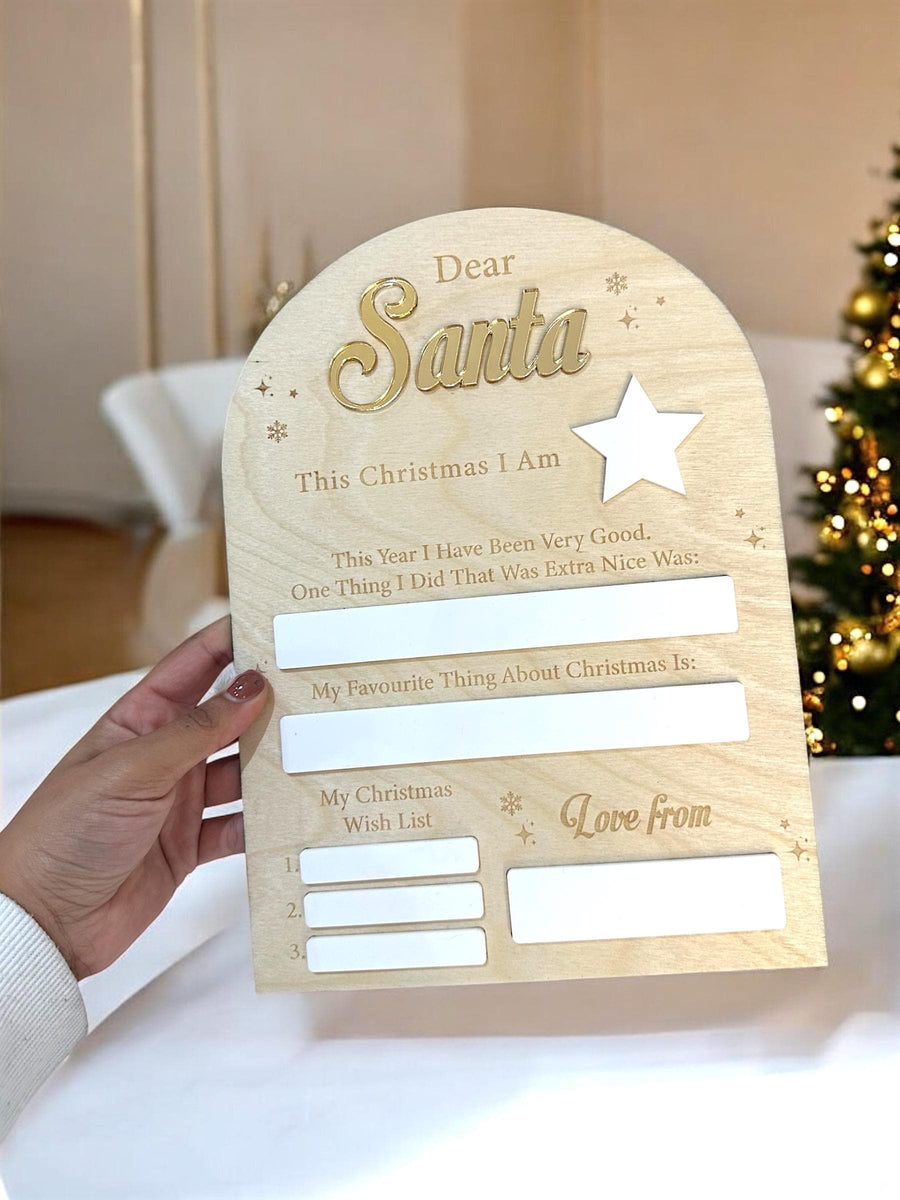 Dear Santa Board with Pen, wooden, reusable Christmas wish list sign