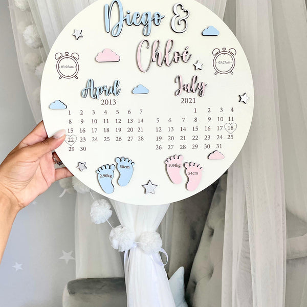 Personalized baby birth plaque for twins, wooden with pink and blue design