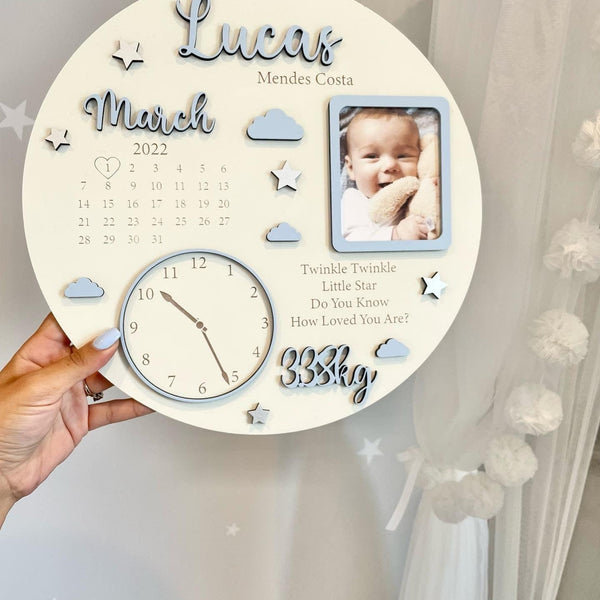 Personalised baby photo keepsake gift in white wood with birth announcement