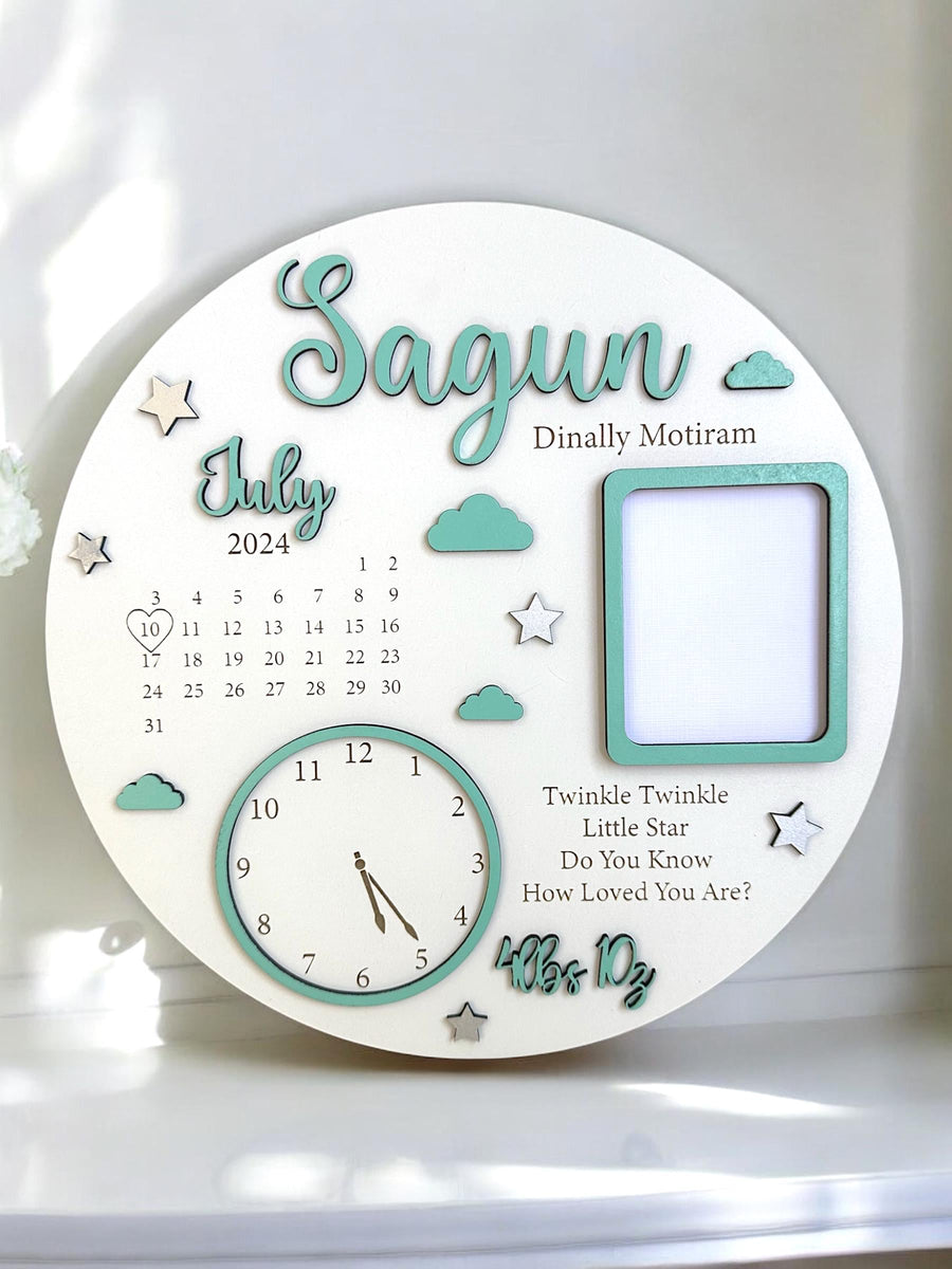 Personalised baby photo keepsake gift with wood frame and birth announcement design
