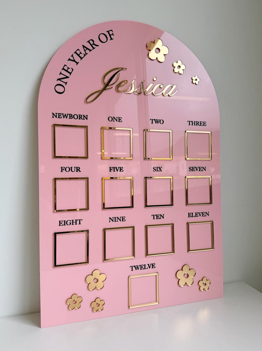Custom First Birthday Photo Board with flower theme and milestone photos