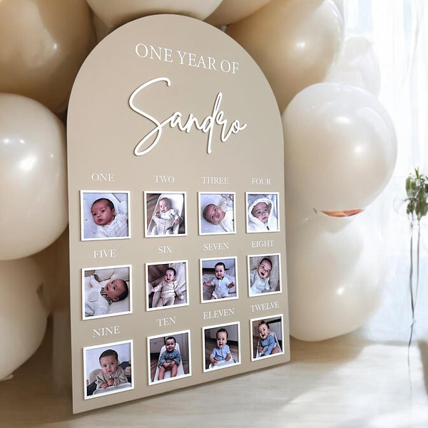 1st Birthday Photo Board in wood with monthly milestone markers