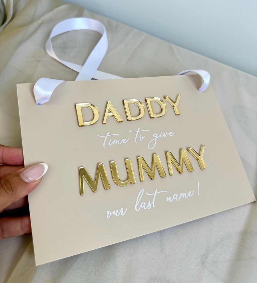 A5 acrylic wedding sign, white text on clear background, custom ring bearer plaque