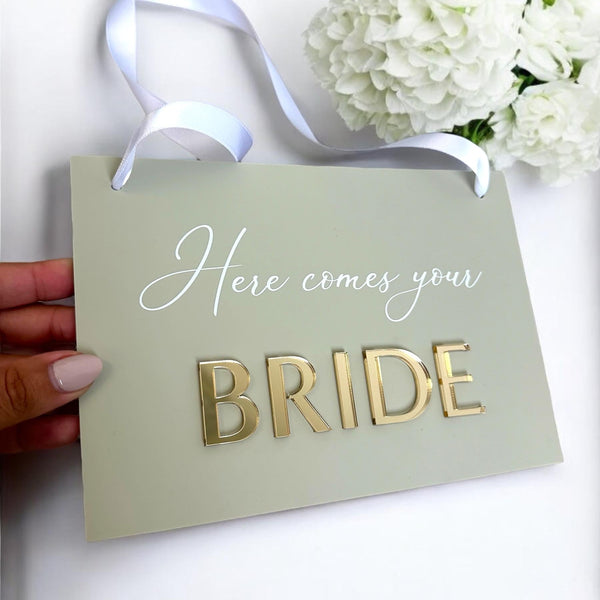 Acrylic Page Boy sign with 'Here Comes Your Bride' text, elegant wedding decor