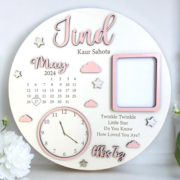 Personalised birth details plaque in wooden frame for baby announcement