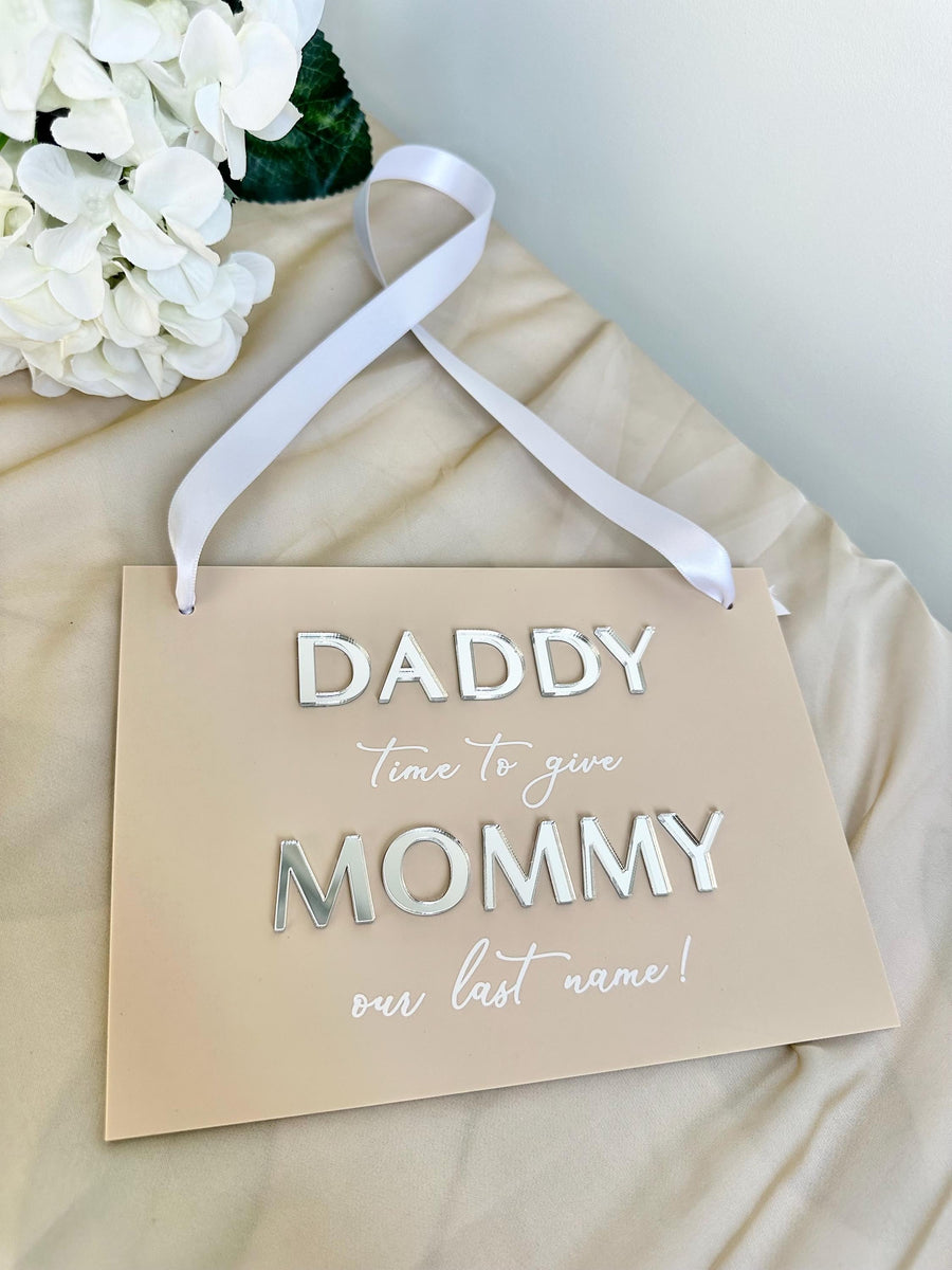 Acrylic page boy sign, clear material with elegant script, wedding ceremony use