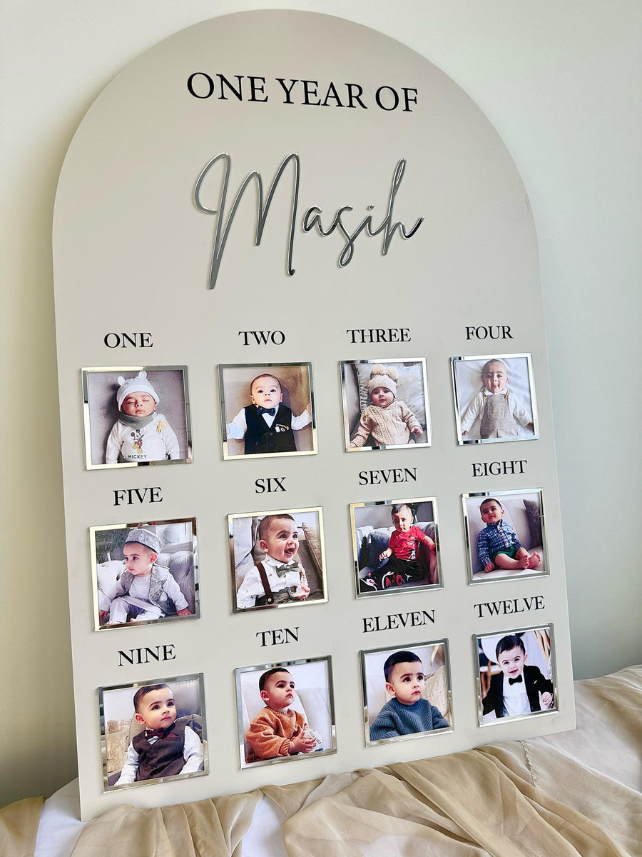 Personalised acrylic baby milestone board with colorful design for first birthday