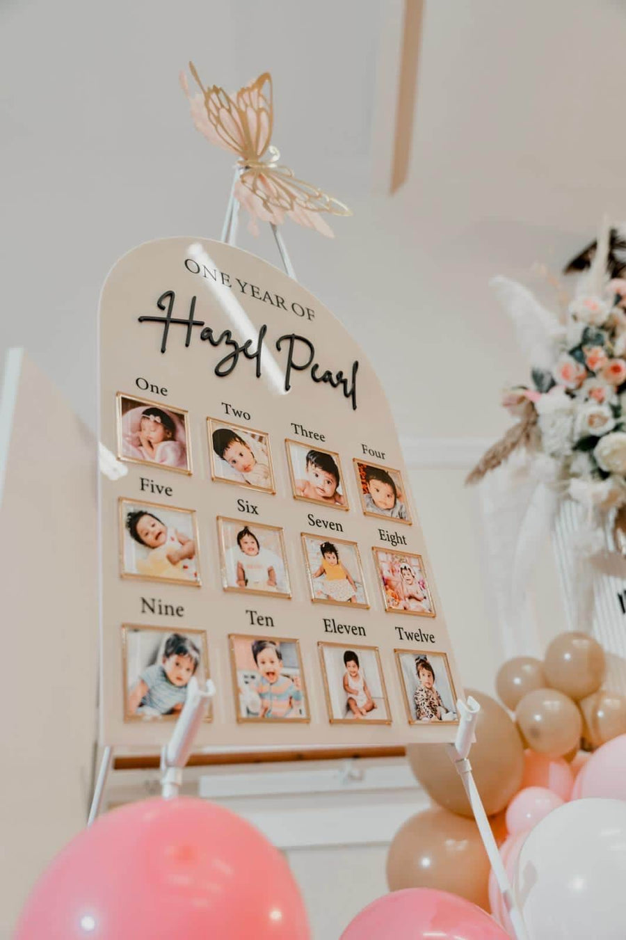 Personalised acrylic baby milestone board in white for first birthday decor