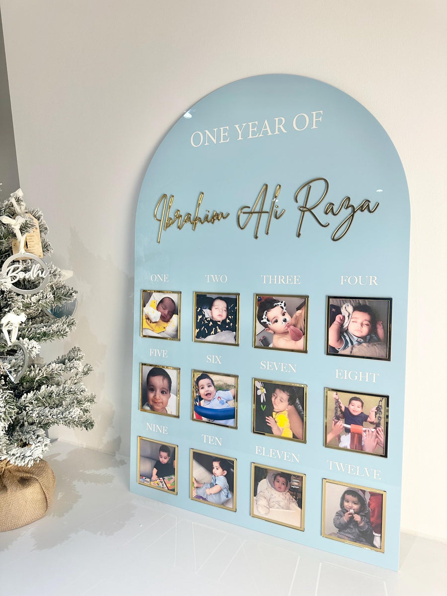 Personalised acrylic baby milestone board in clear, one year memory keepsake