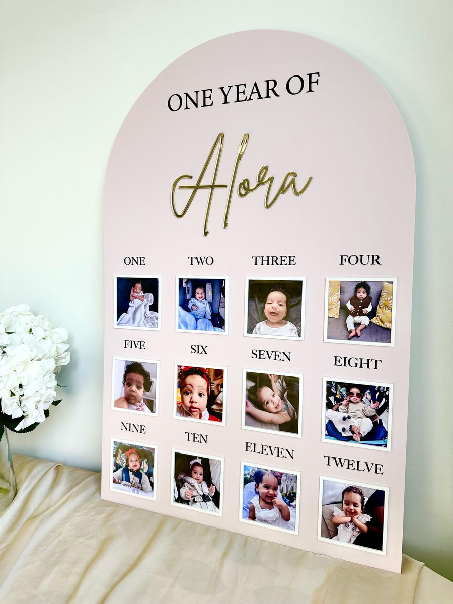 Personalised acrylic baby milestone board with colorful designs for first birthday