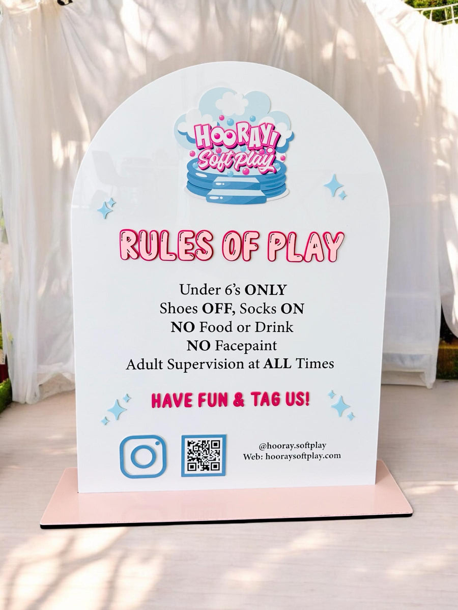Custom Perspex soft play rules sign with vibrant colors and logo display.
