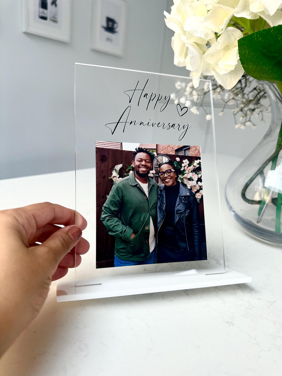 Personalised acrylic photo frame with custom engraving and clear finish