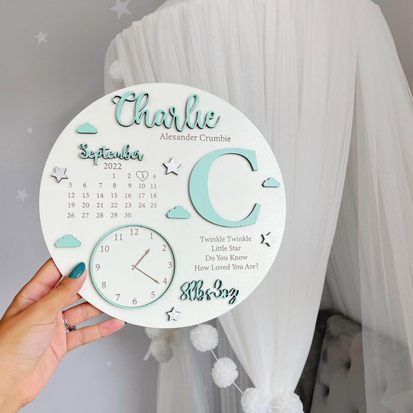 Personalised baby plaque, wooden birth announcement in pastel colors