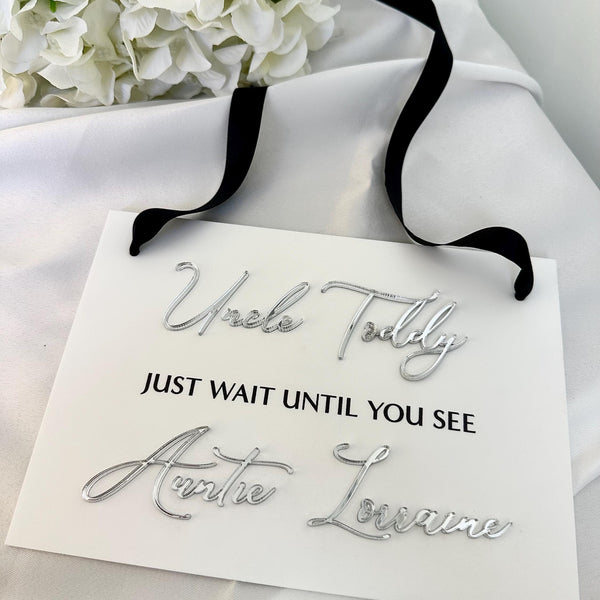 Custom acrylic page boy sign in clear, personalized for weddings