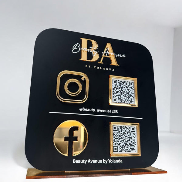 Multi QR Code table top sign for social media marketing, sleek black design