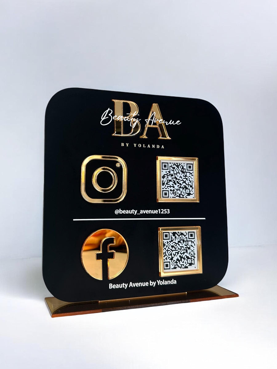 Multi QR Code business sign for salon, tabletop display, black and white design