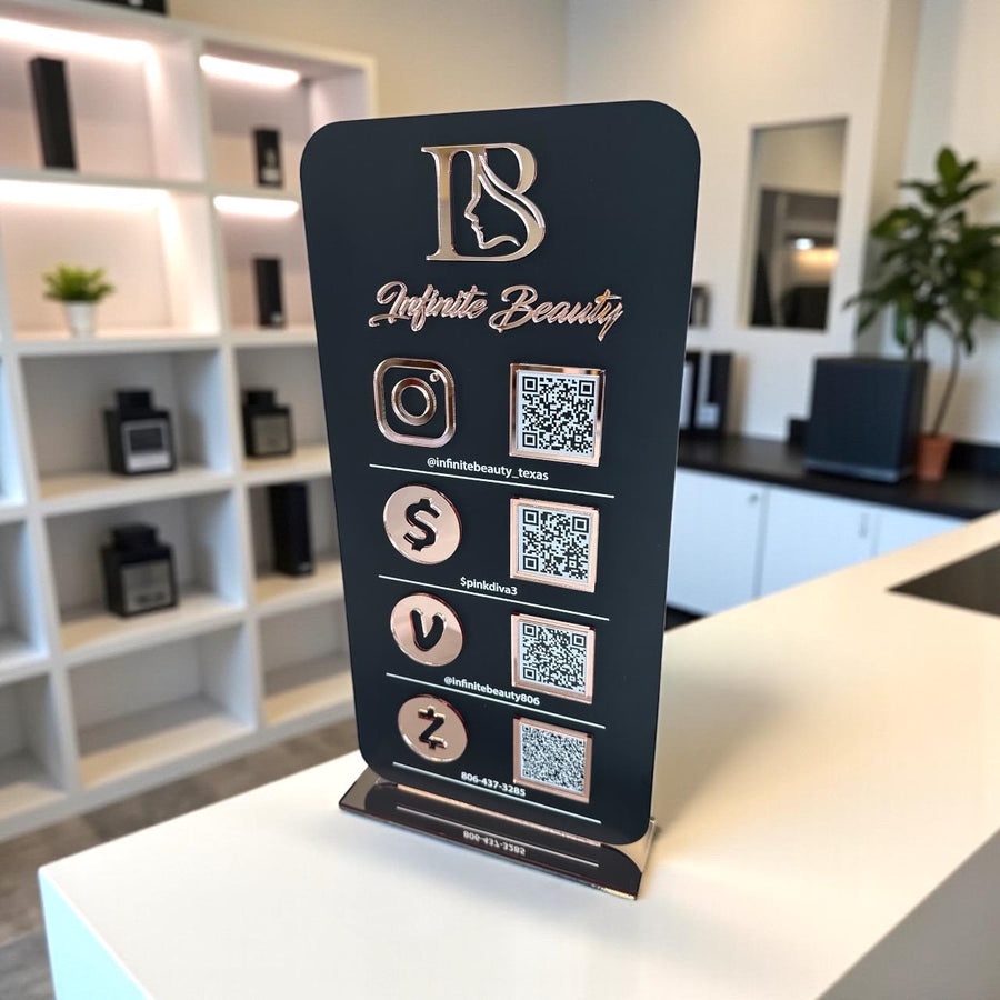 Personalised acrylic QR code display in clear design for small business use