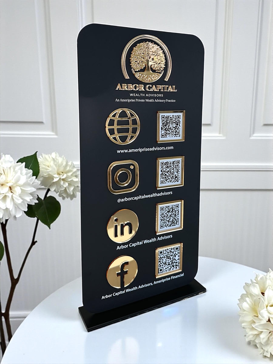 Personalised acrylic QR code display stand for counters, clear design