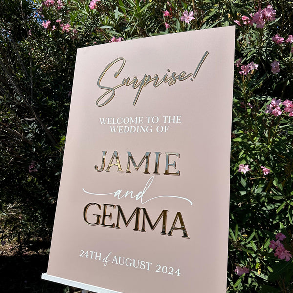 Acrylic wedding welcome sign in clear with 3D lettering for events