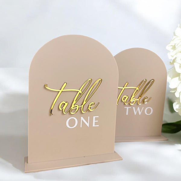 3D acrylic arched table numbers in clear perspex for wedding reception