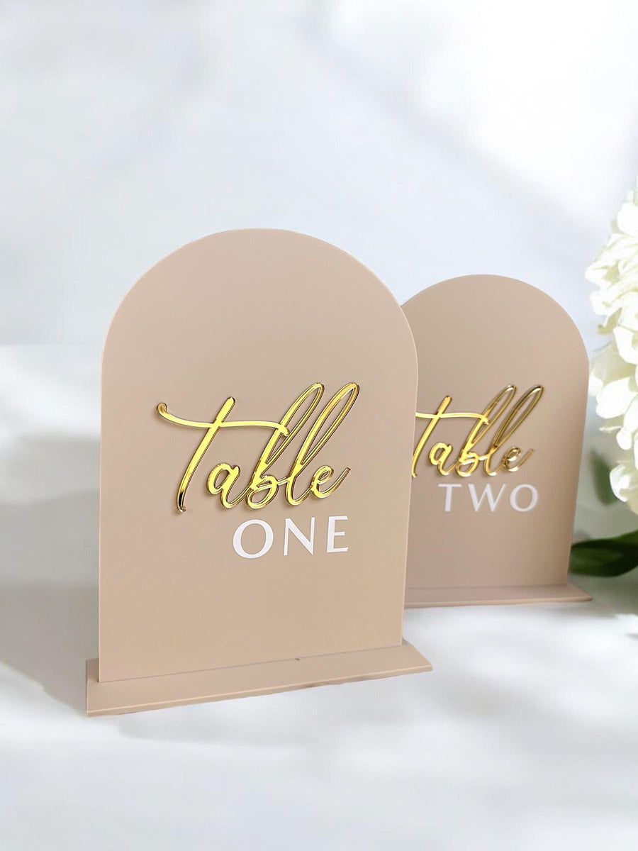 3D acrylic arched table numbers in clear perspex for wedding reception