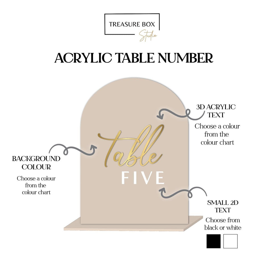 3D acrylic arched table numbers in clear perspex for elegant wedding signage