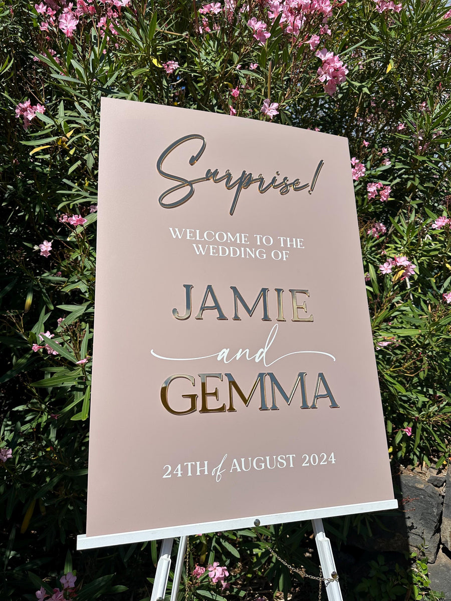 Acrylic wedding welcome sign in clear perspex, 3D lettering detail
