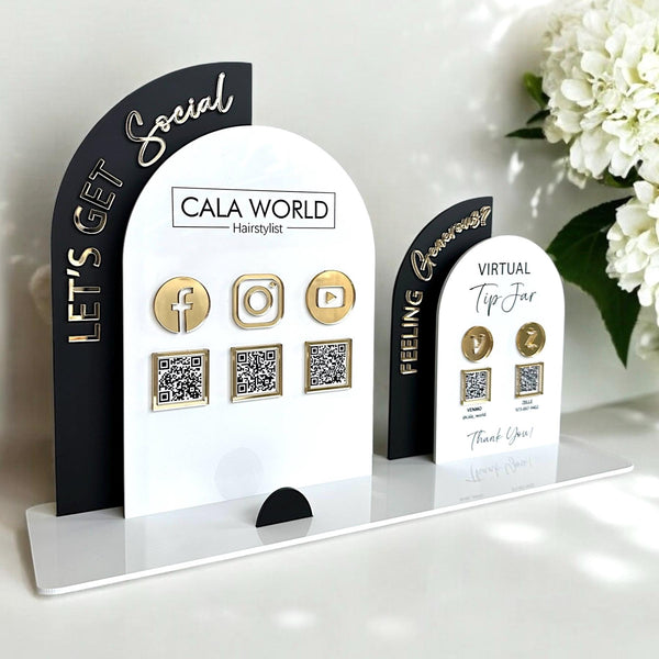 Clear acrylic social media sign with QR code for marketing
