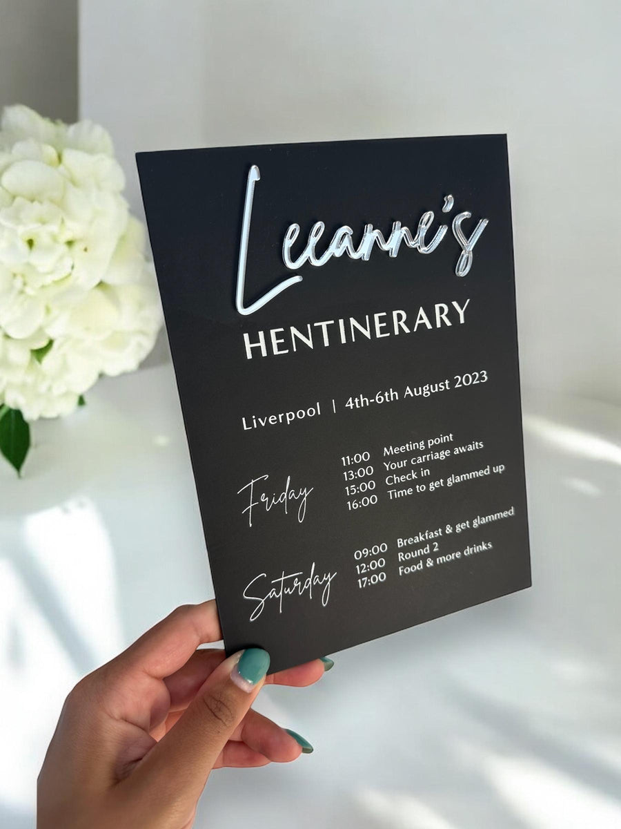 Custom acrylic hen do itinerary sign, personalized and elegant design