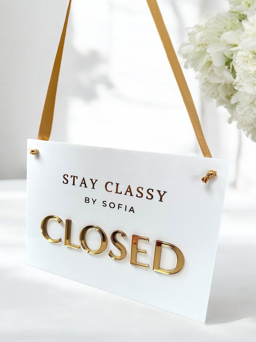 Custom open closed acrylic business sign with hanging ribbon, double sided