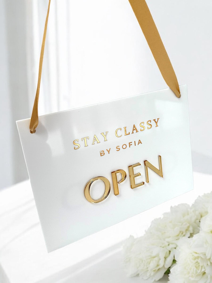 Custom open closed acrylic business sign with hanging ribbon, double sided