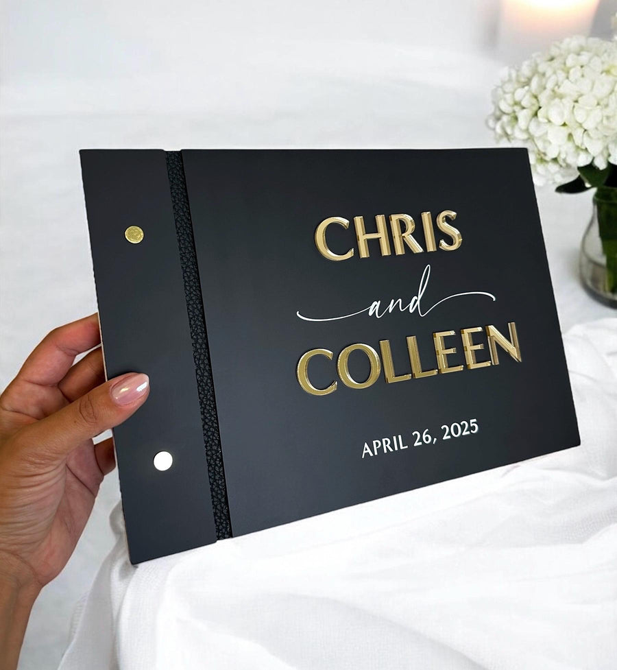 Acrylic wedding guestbook with custom engraving and crystal pen
