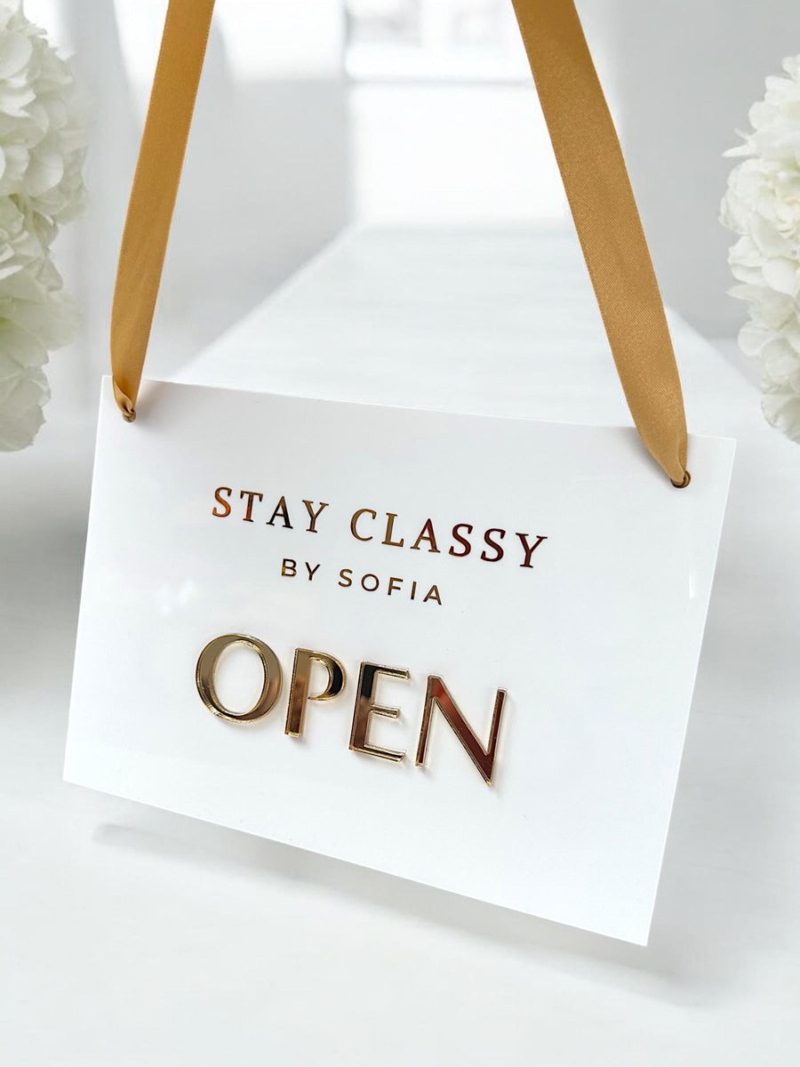 Custom open closed acrylic business sign with hanging ribbon, double sided design