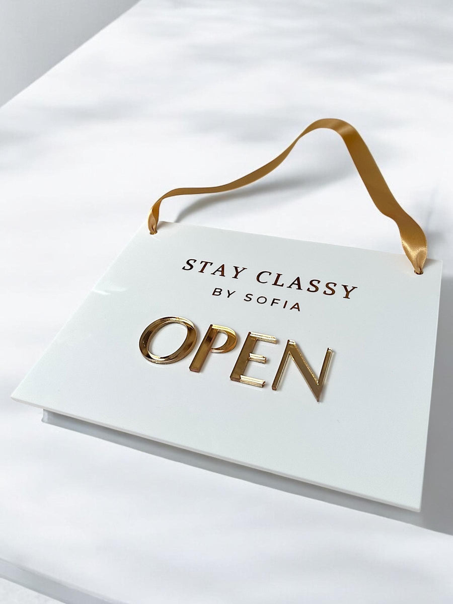 Custom open closed acrylic business sign with hanging ribbon, double-sided design