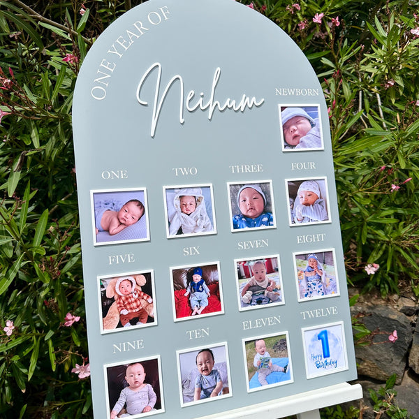 Acrylic baby milestone board in clear color, celebrating first year milestones