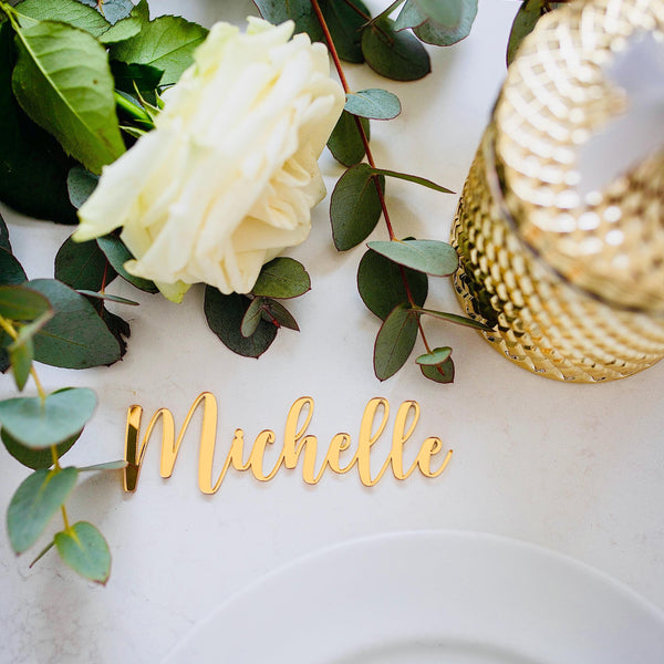 Personalised wedding place names, luxury mirrored acrylic cards, elegant design