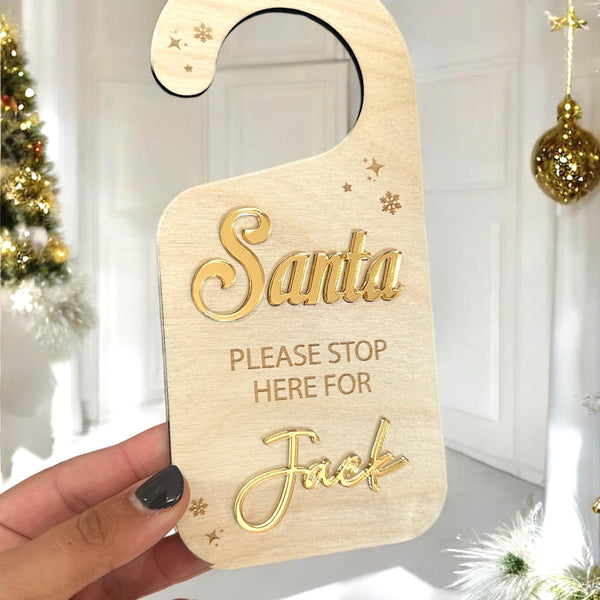 Personalised Santa Stop Here sign, wooden holiday door hanging decor, festive design