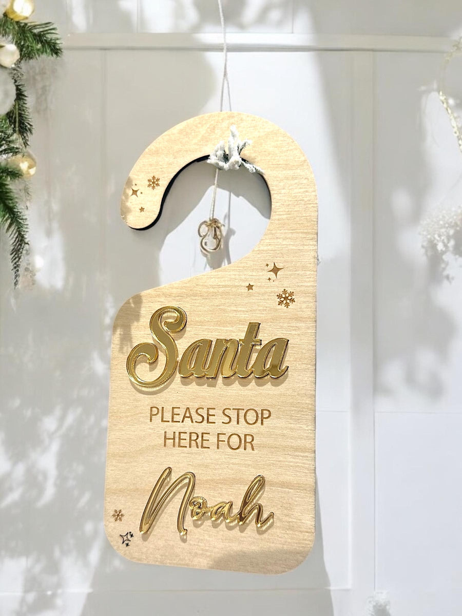 Personalised Santa Stop Here sign, custom wooden door hanging decor, festive design