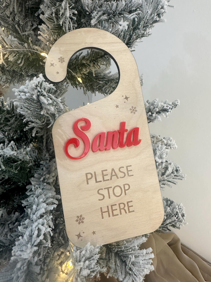 Personalised Santa Stop Here Sign in rustic wood for Christmas door decor