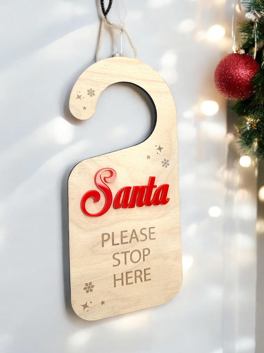 Personalised Santa Stop Here sign, wooden door hanging decor, festive red design