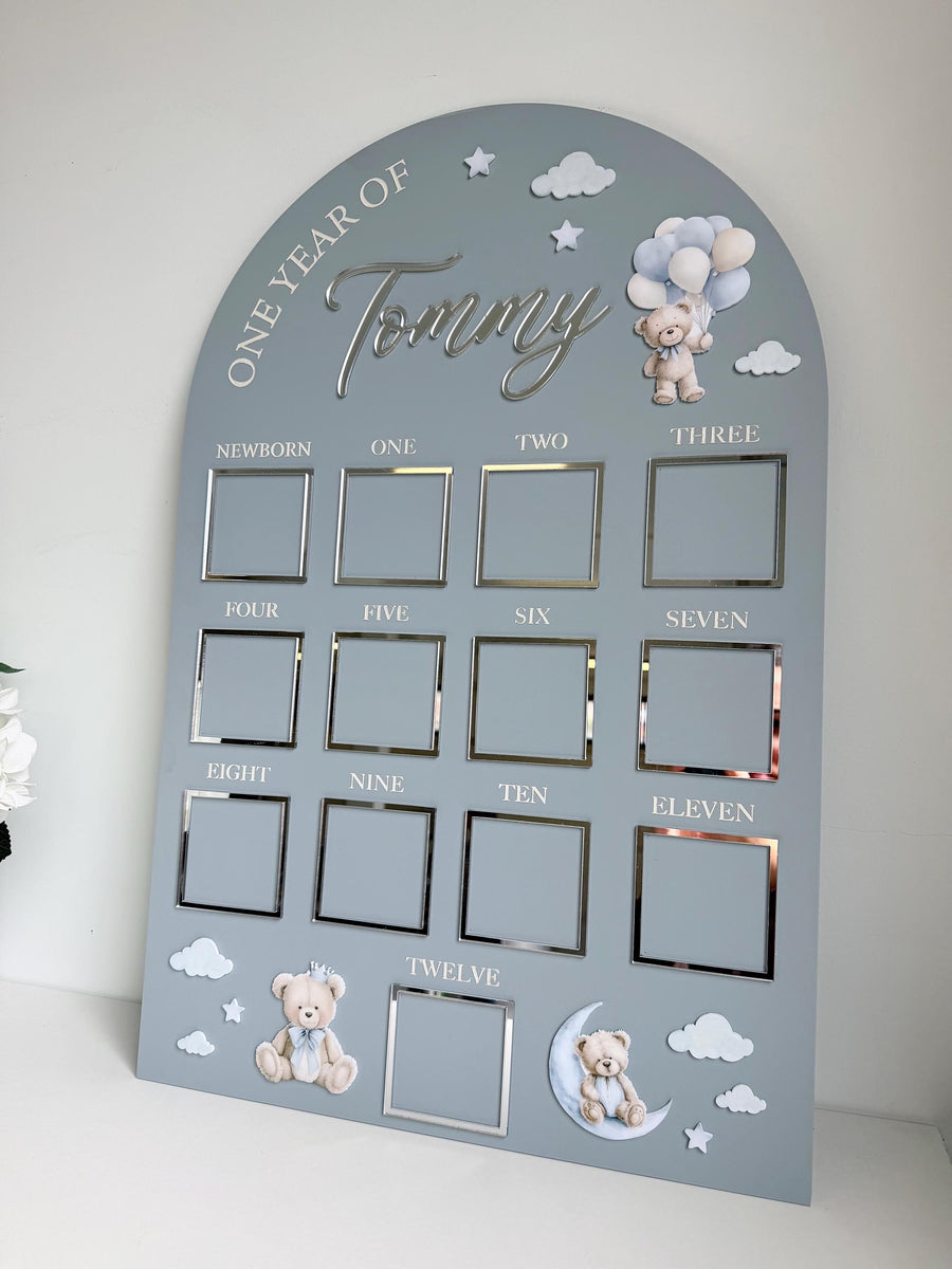 Custom First Birthday Photo Board in teddy bear theme, featuring personalized milestone photos
