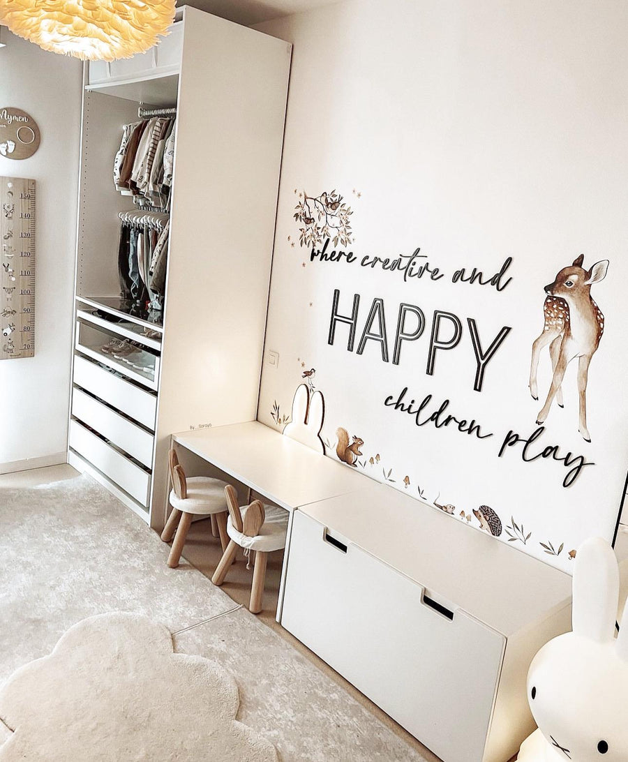Where Creative and HAPPY Children Play wooden wall sign in light wood, for playroom decoration