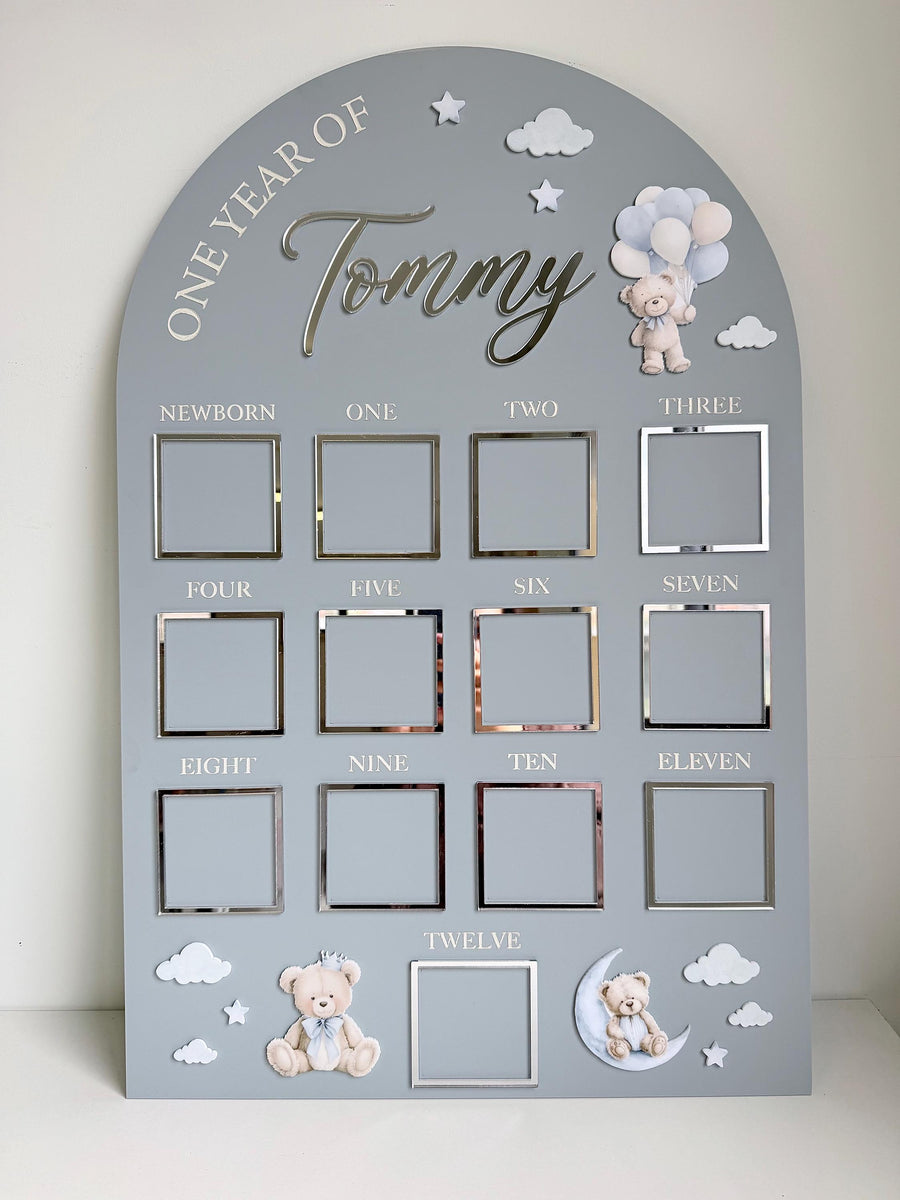 Custom First Birthday Photo Board with teddy bear theme and milestone photos