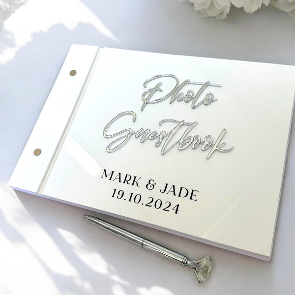 Acrylic photo guestbook with crystal pen, modern wedding decor, clear design