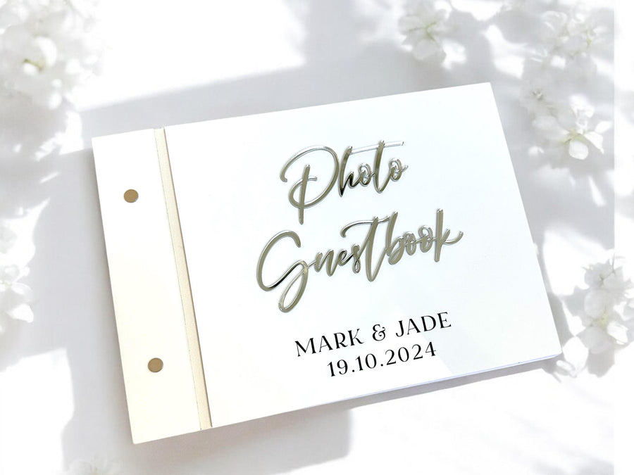 Acrylic photo guestbook with a crystal pen, modern wedding decor