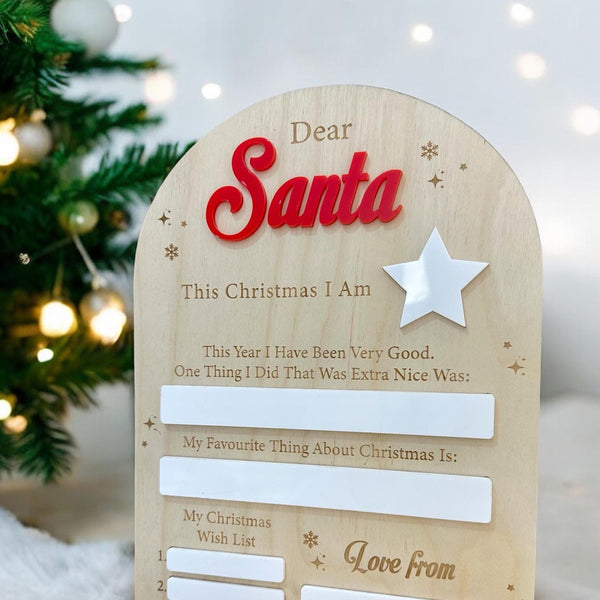 Christmas Wish List Board in natural wood with black pen, reusable photo prop