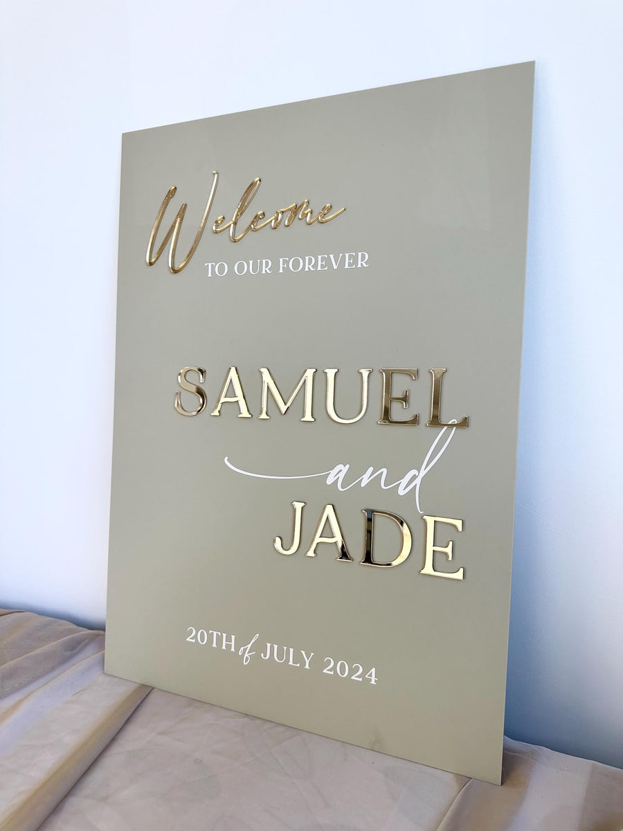 Modern acrylic wedding welcome sign with custom text, white and gold design